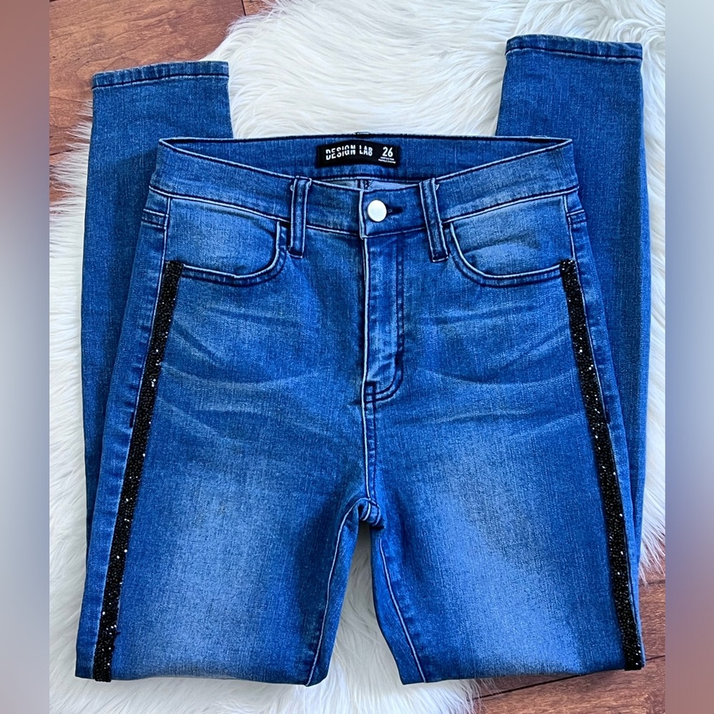Design Lab High Rise Blue Denim with Black Glitter Side Stripe Jeans-Size 26